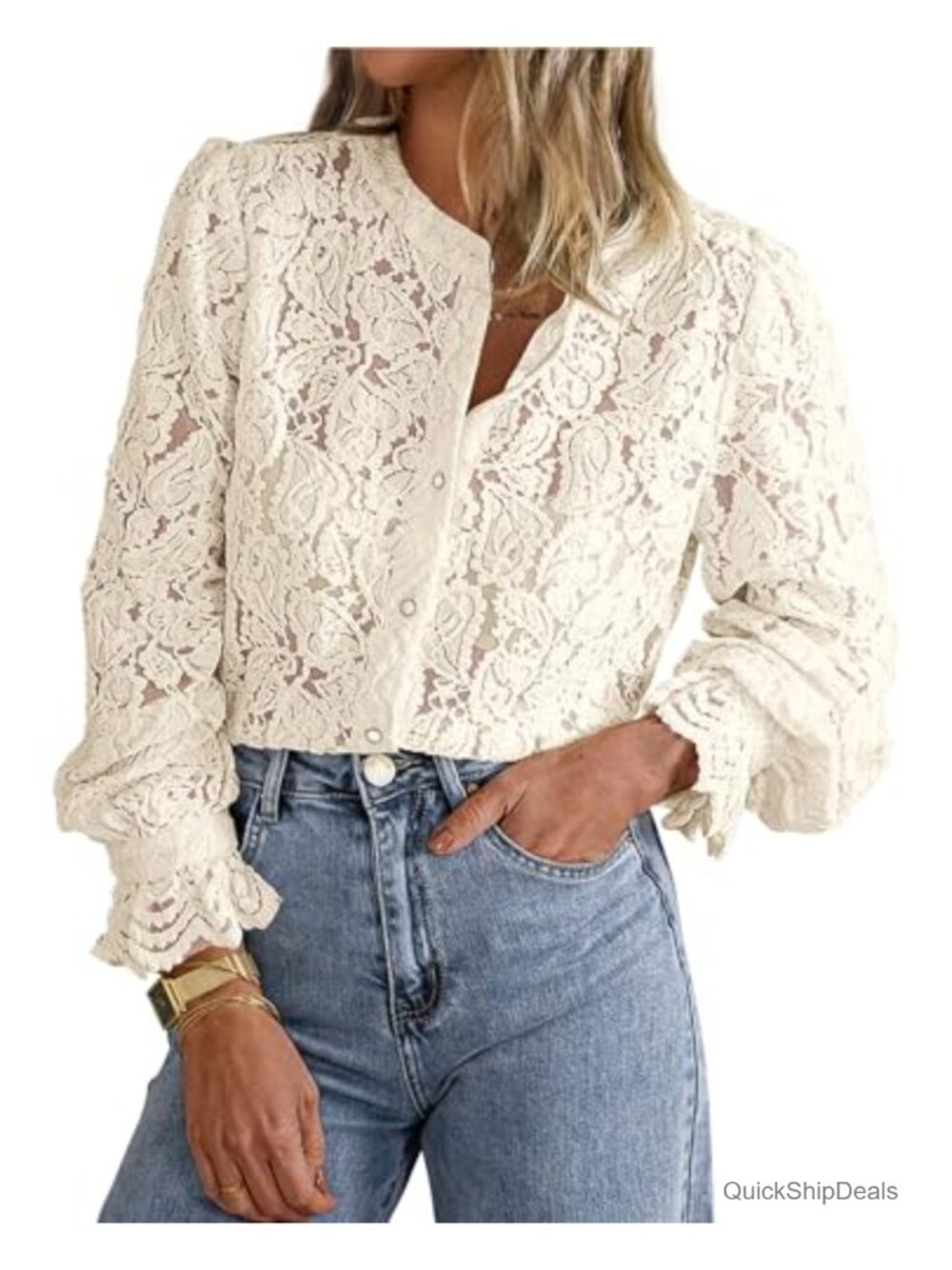 Women's Lace Button Up Blouse Long Sleeve Crewneck Work Top